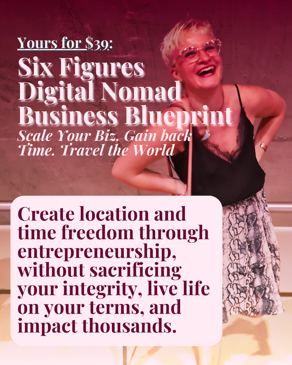 On a red background, a girl with big frames, short blonde hair, and a black shirt, is standing on one leg and laughing with abandon. In the foreground, the following text read:<br />
Yours for $39: Six Figures Nomad Business Blurprint. Scale Your Biz. Gain Back Time. Travel the world. </p>
<p>Create location and time freedom through entrepreneurship without sacrificing your integrity, live life on your terms, and impact thousands. 