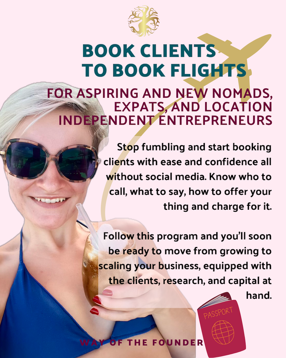 Stop fumbling and start booking clients with ease and confidence all without social media. Know who to call, what to say, how to offer your thing and charge for it. Follow this program and you’ll soon be ready to move from growing to scaling your business, equipped with the clients, research, and capital at hand.